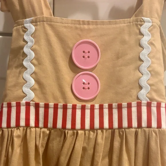 Adorable Holiday Tan and Red Striped Kids Dress - Picture 4 of 5